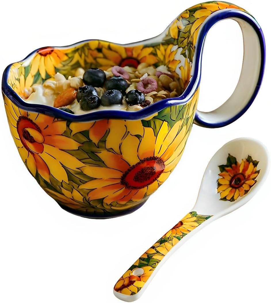 17.64 Oz Microwavable Soup Bowl with Handle, Hand Painted Sunflower Decorative Soup Bowls with Handles, Ceramic Soup Bowl with Spoon for Holding Fruits Cereal Snack, Chili, Ice Cream, Stew and Salsa