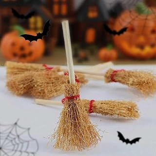 Halloween Witch Brooms Set of 8 - Mini 3.74 Inch Bamboo Broomsticks with Red String for Decor, Cosplay & Party Accessories
