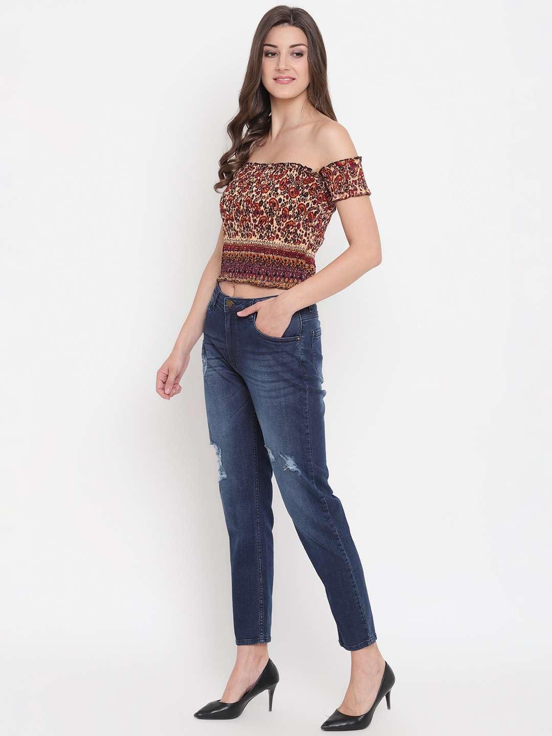 GrabMe Store Women's Rayon Printed Off-Shoulder Smocked Crop Top Short Sleeve Casual Styles Tank Top (Free Size) Multi3