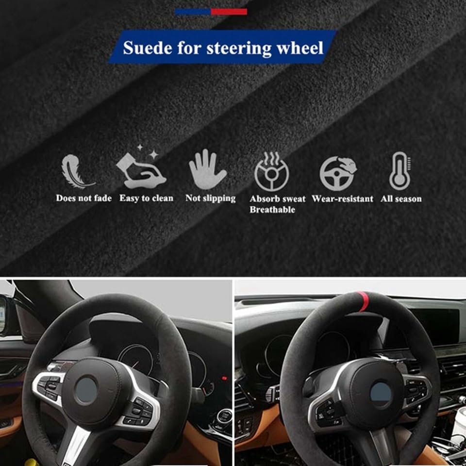 Pokrowiec na kierownicę z prawdziwej skóry zamszowej pleciony, dostosowany do BMW E90 320 318i 320i 325i 330i 320d X1 328xi 2007 Kolor: niebieska nić