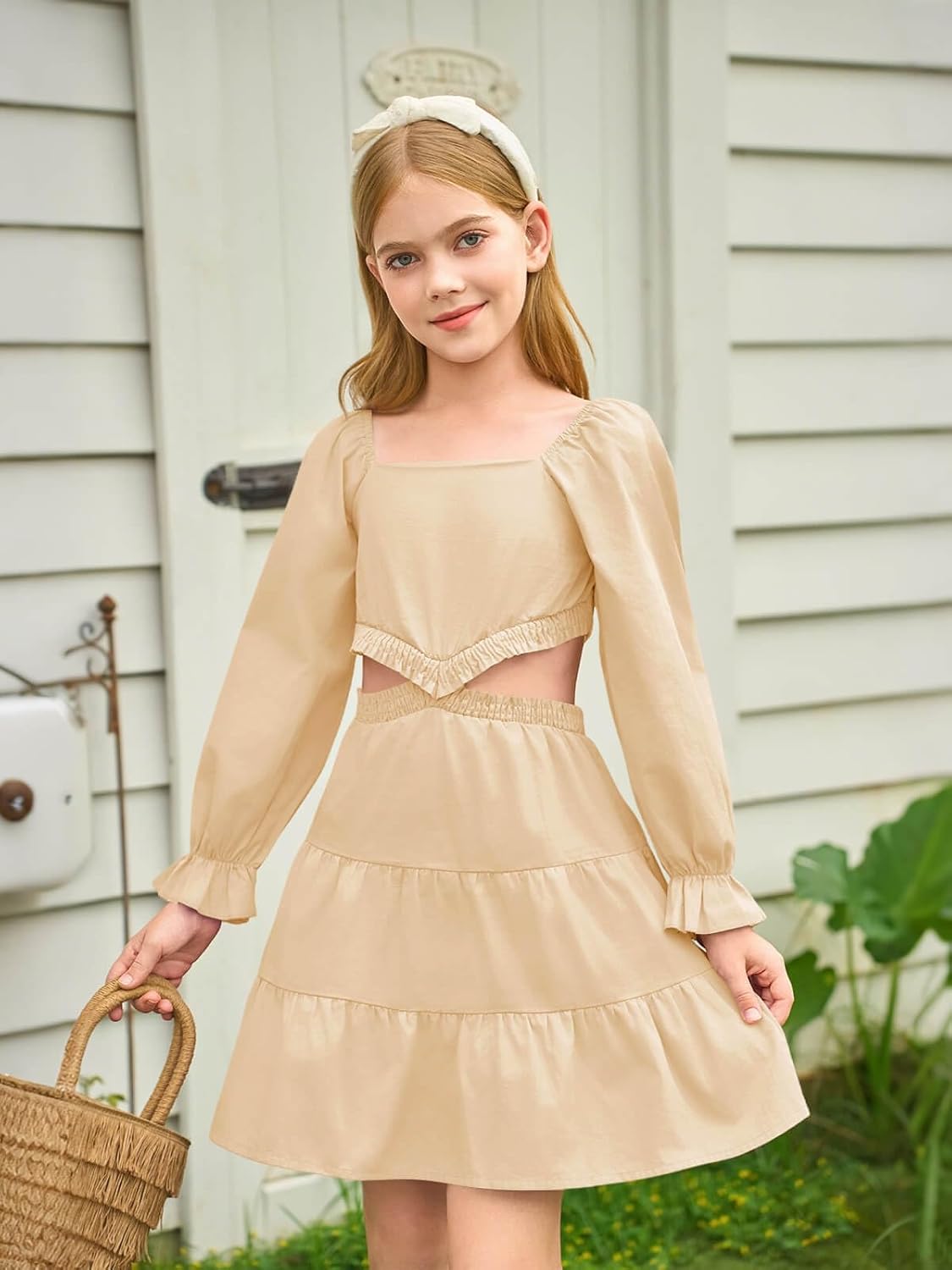 Haloumoning Girls Dresses Long Sleeve Square Neck Crossover Waist Casual A-Line Spring Fall Dress 5-14Y - Image 2