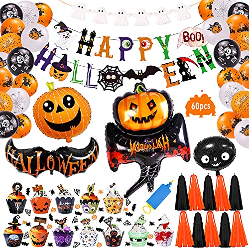 Juego de 60 globos de decoración de Halloween, juego de decoración de Halloween, globos de látex de murciélago, araña,lentejuelas, magdalenas de Halloween, para decoración de la barra del hogar Cover