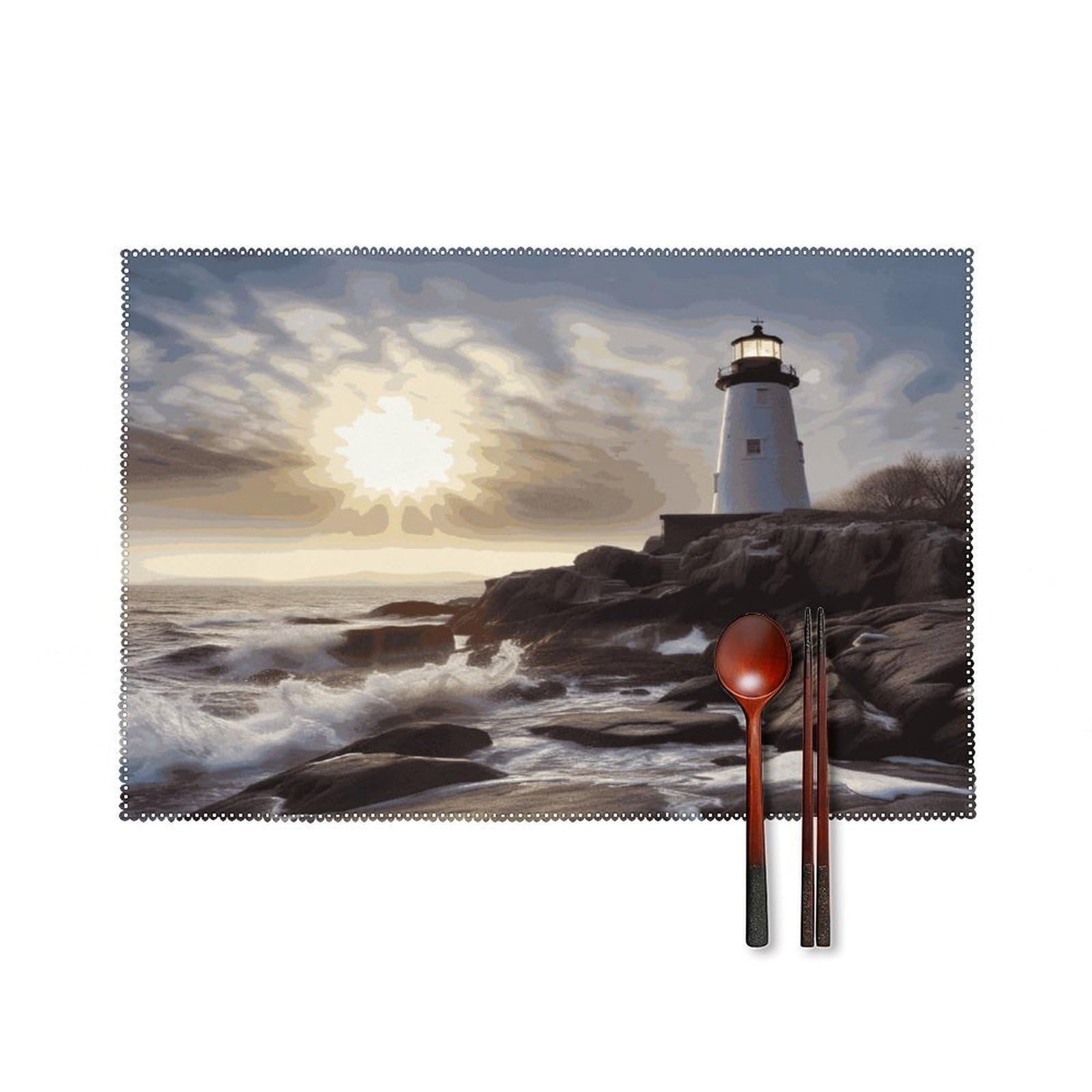 Lighthouse Rocks Seaside Placemats Set of 6 Heat-Resistant Washable Place Mats Wipeable Kitchen Placemat Easy to Clean for Indoor Outdoor Party Kitchen Decoration
