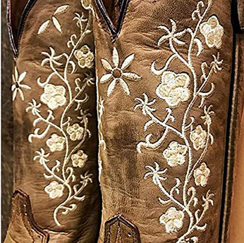 So Simpok Women Retro Embroidered Mid Calf Cowgirl Boots Square Toe Chunky Heel Western Boots Brown #TOP3