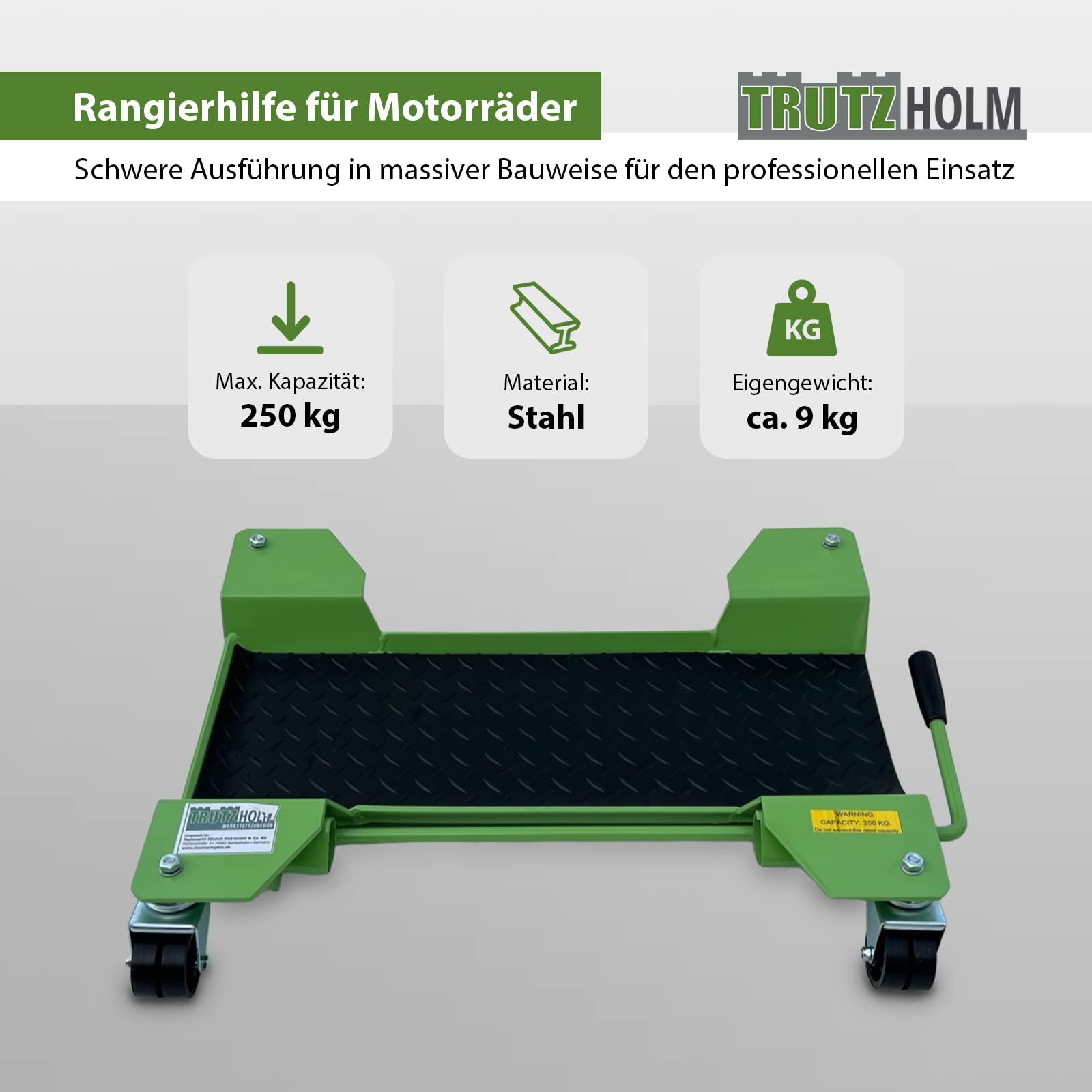 TRUTZHOLM Rangierhilfe Rangierschiene Rangierplatte Parkhilfe für das Motorrad bis 250kg flexibel um 360° schwenkbar grün