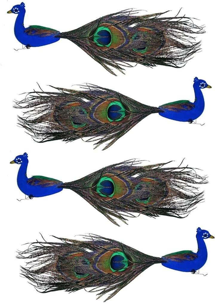 MKM Beautiful Artificial Peacock with Long Feather for Home/Temple Decor & Good Luck (4 Piece)