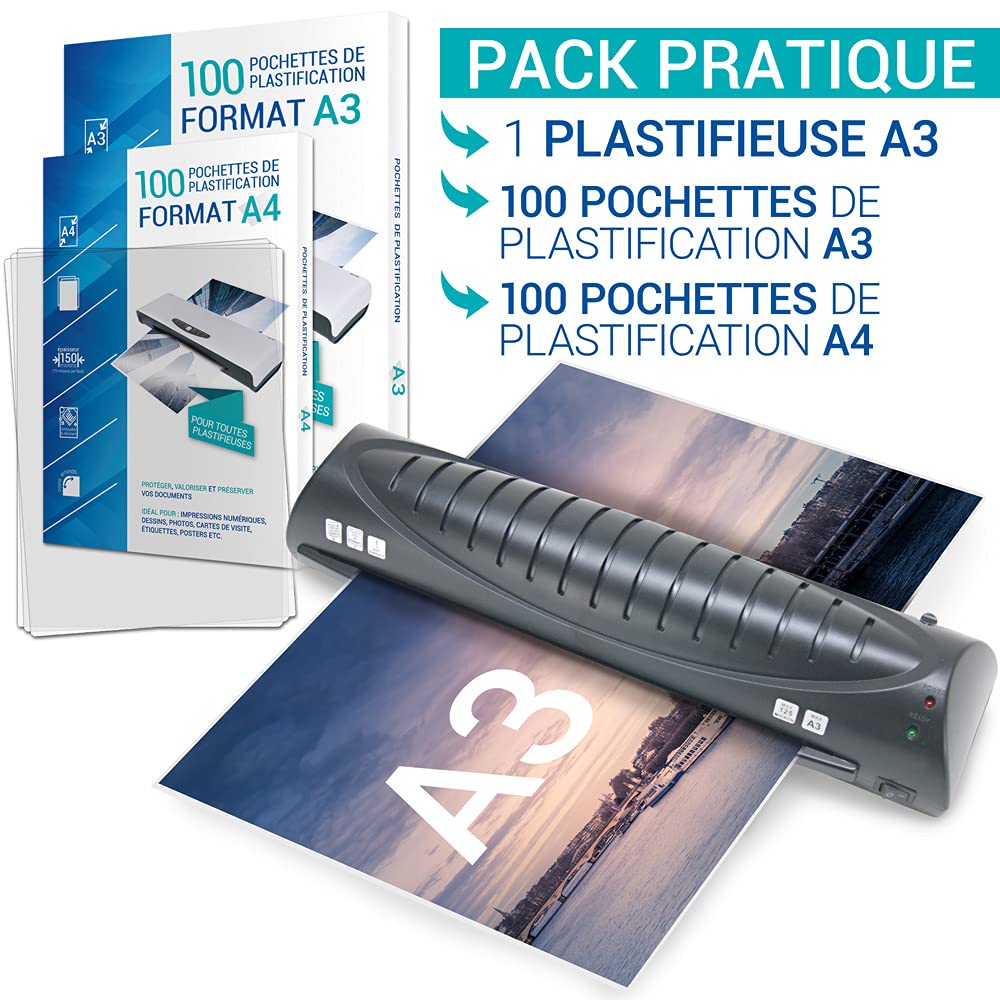 Plastifieuse Pro A3 A4 A5 A6 jusqu’à 2 x125 microns Plastification Rapide pour la Maison ou au Bureau avec 100 pochettes A4 + 100 pochettes A3
