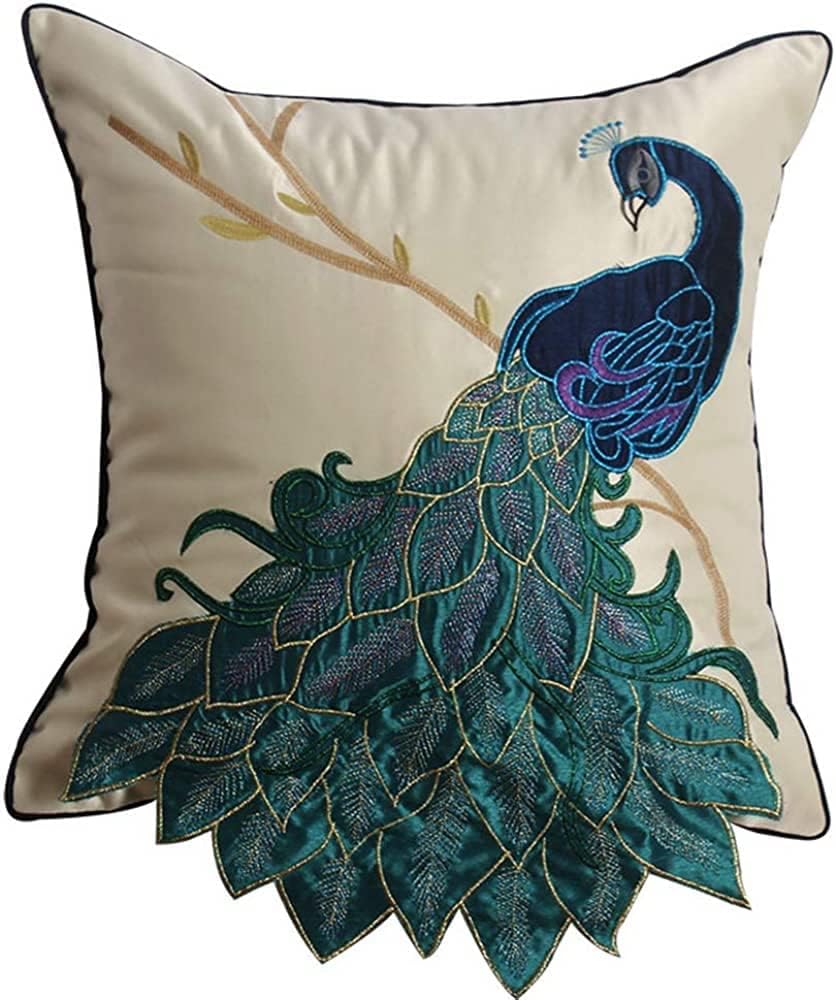Lently Embroidered Peacock Decorative Throw Pillow Case Silky Satin Cushion Cover 18"X18" (Right)