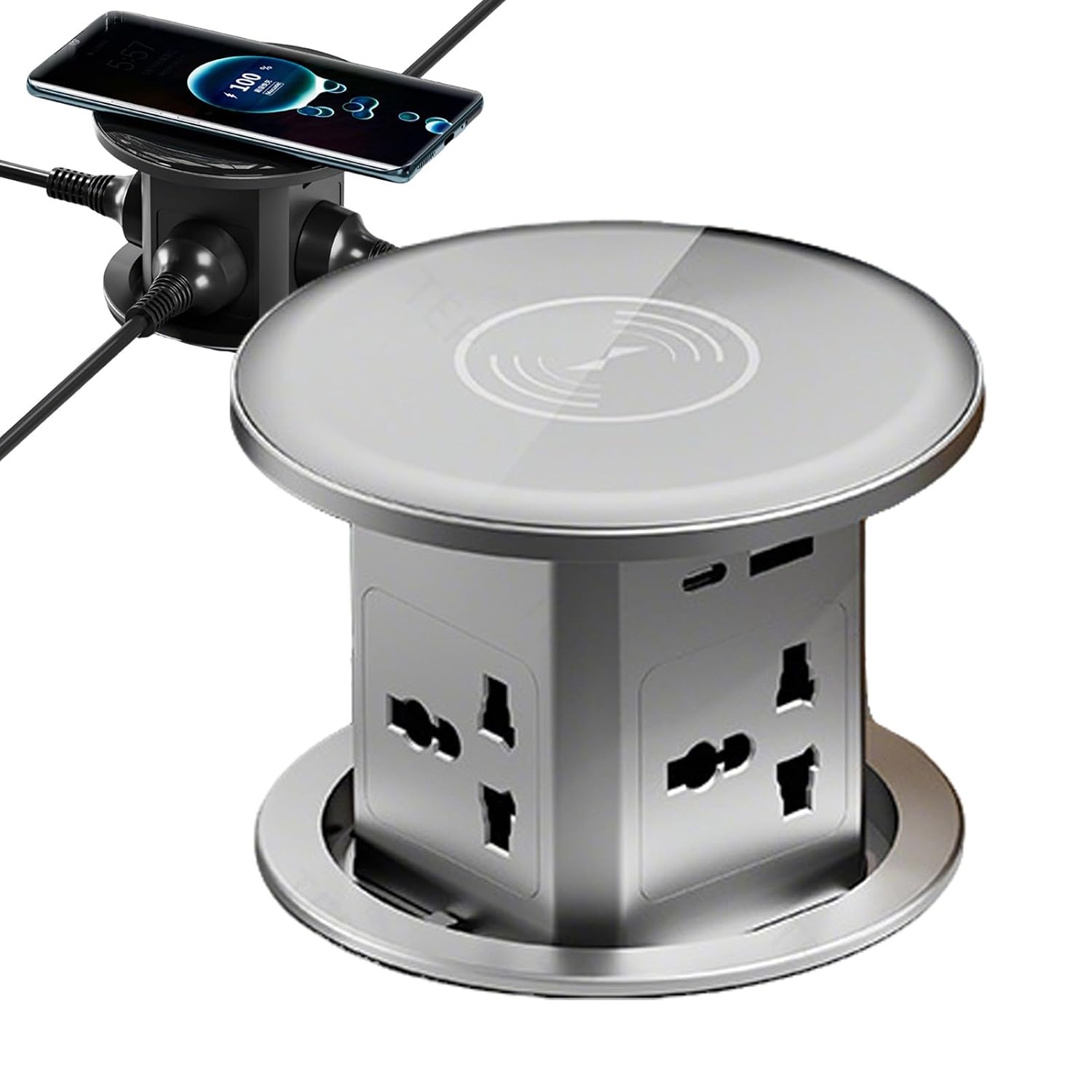 Pop Up Outlet Countertop 15W Wireless Charger 3.94 Inch Recessed Power Strip 4 US Outlets Type C USB Ports Desktop Space Saver for Home Office Kitchen Island Conference Room(Grey)