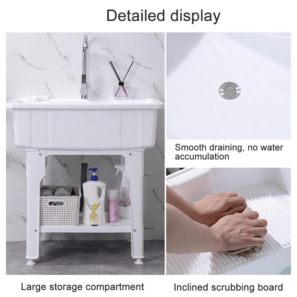 Fregadero De Plástico PP con Tabla De Lavandería, Fregadero Independiente Lavabo De Limpieza con Pies Ajustables, Capacidad De Carga 200 Kg para Cuarto De Lavado, Garaje