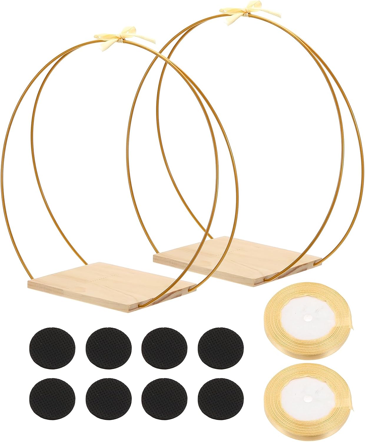 PATIKIL 12 Inch Metal Floral Hoop Centerpiece with Stand, 2 Set Round Dream Catcher Rings with Golden Ribbon for Wedding Table Wreath Decor DIY Crafts, Gold