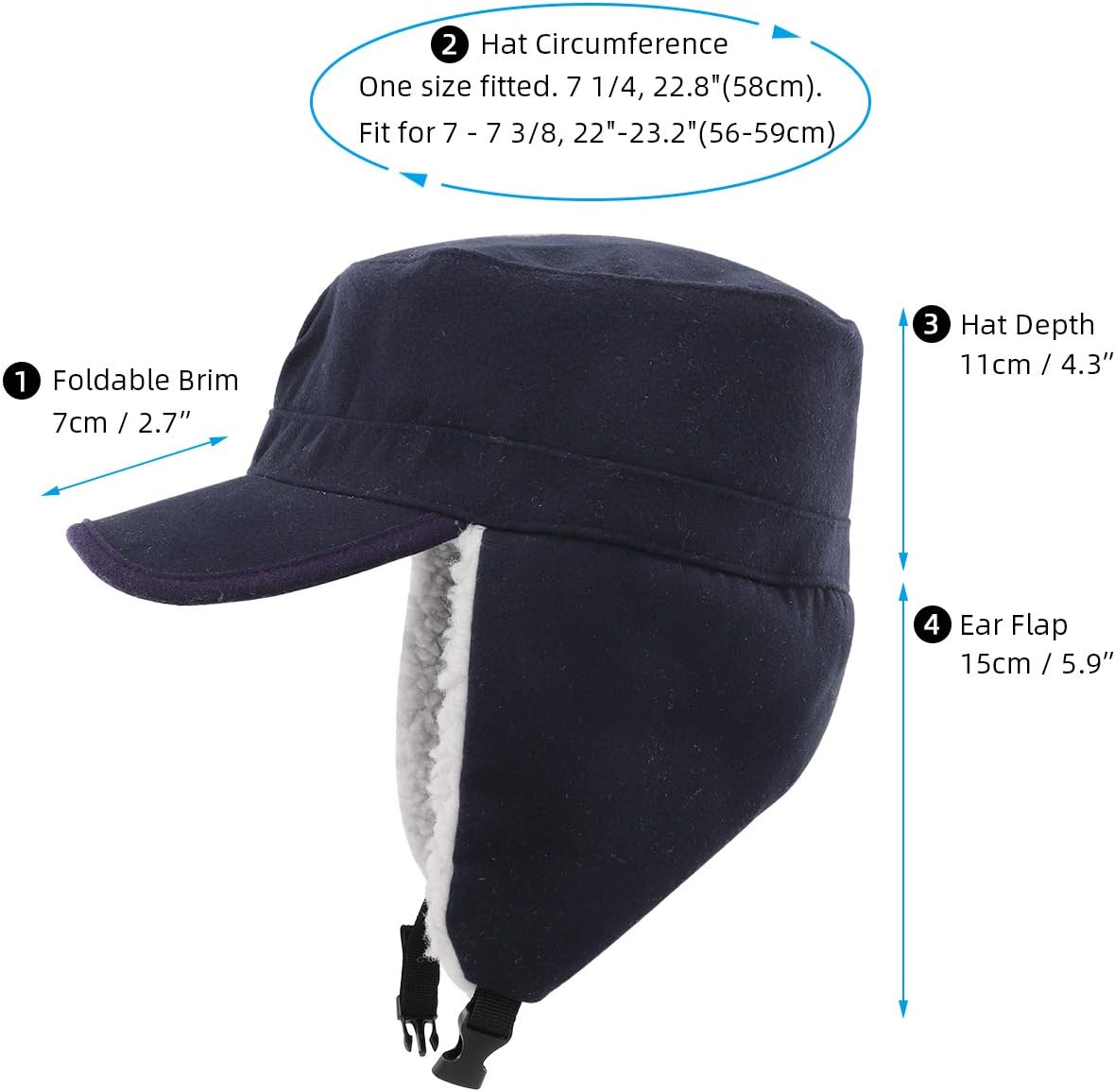 Gisdanchz Winter Wool Army Military Cadet Flat Top Radar Hat for Men Women Navy Blue Hunting Trapper Elmer Fudds Corps Hats Warm Baseball Cap with Earflaps Aviator Caps with Visor Navy Blue