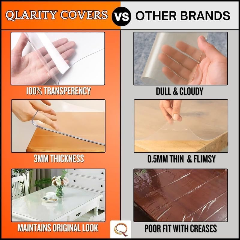 Image of Qlarity Covers 3mm UltraMax Shield Custom PVC Table Cloth, Clear | Waterproof clear sheet protector for dining table prevents scratches, stains & heat while maintaining furniture beauty