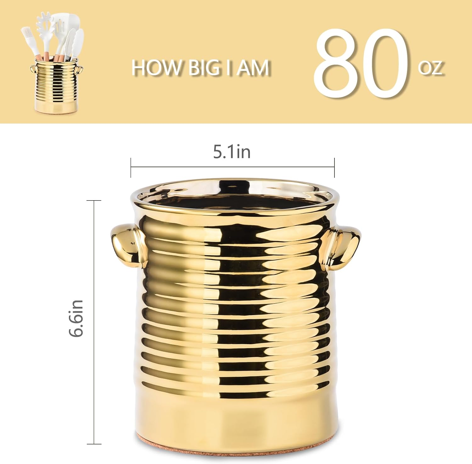 カウンタートップ用ゴールド調理器具ホルダー、キッチンカウンター用6.4インチセラミック調理器具ホルダー、キッチン装飾用の大きなエンボ