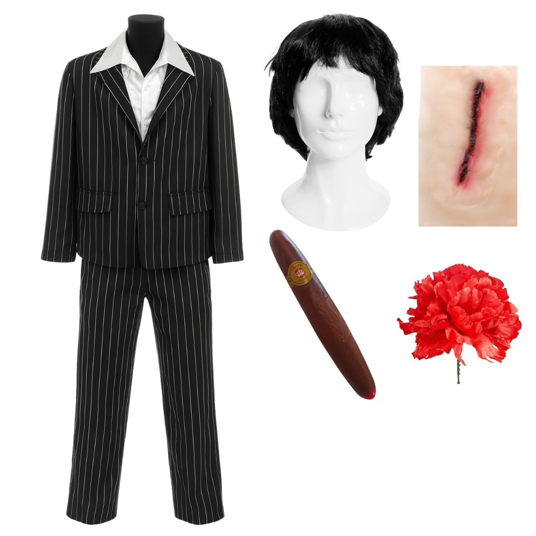 Adults Mafia Boss Costume Halloween Outfit with Pinstripe Suit White Frill Shirt Wig Cigar Rose and Slash Scar Accessory Gangster Fancy Dress Attire