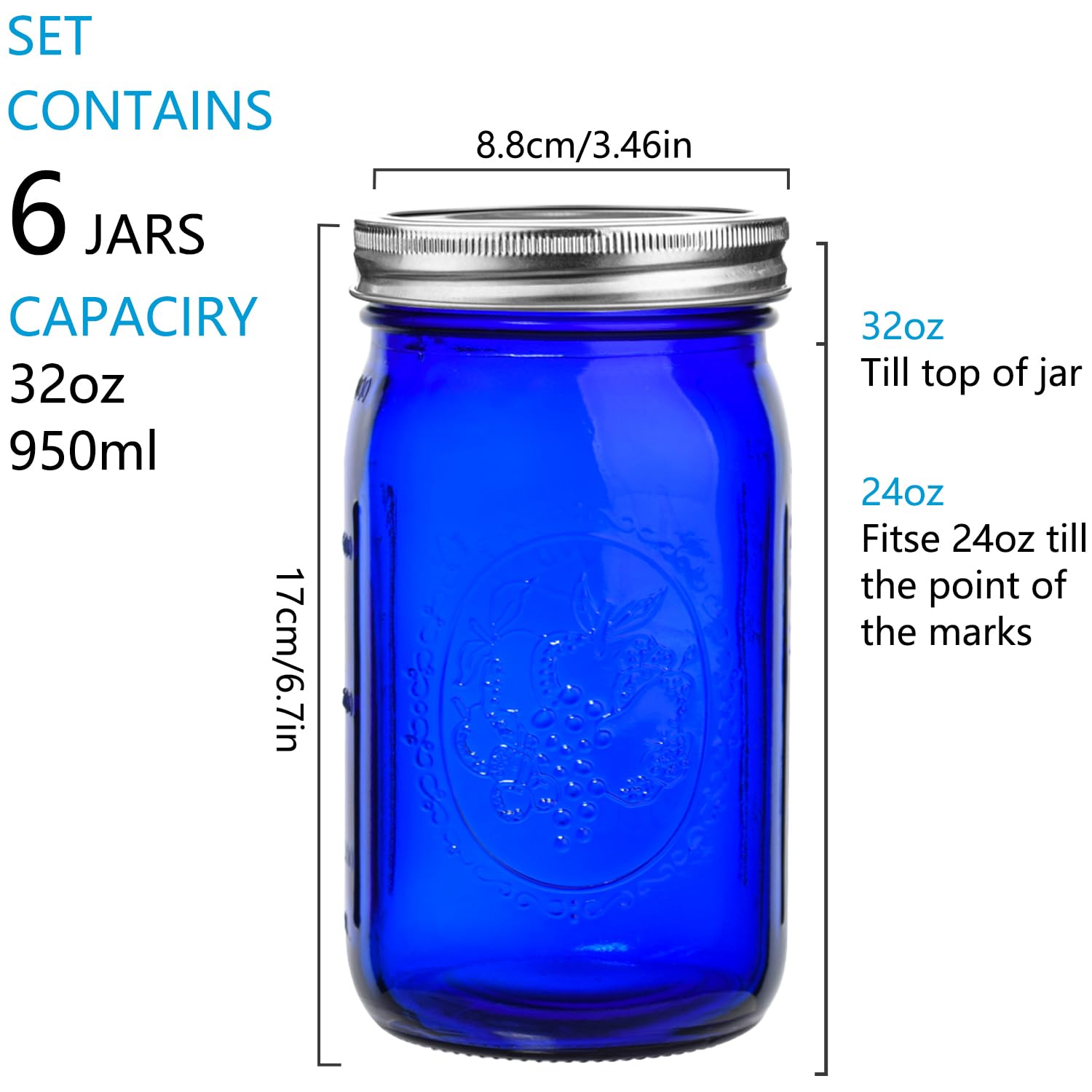 eleganttime Blue Mason Jars Wide Mouth,6 Pack Cobalt Blue Colored Mason Jars 32 oz for Canning, Pickling, Storage, DIY Crafts & Décor