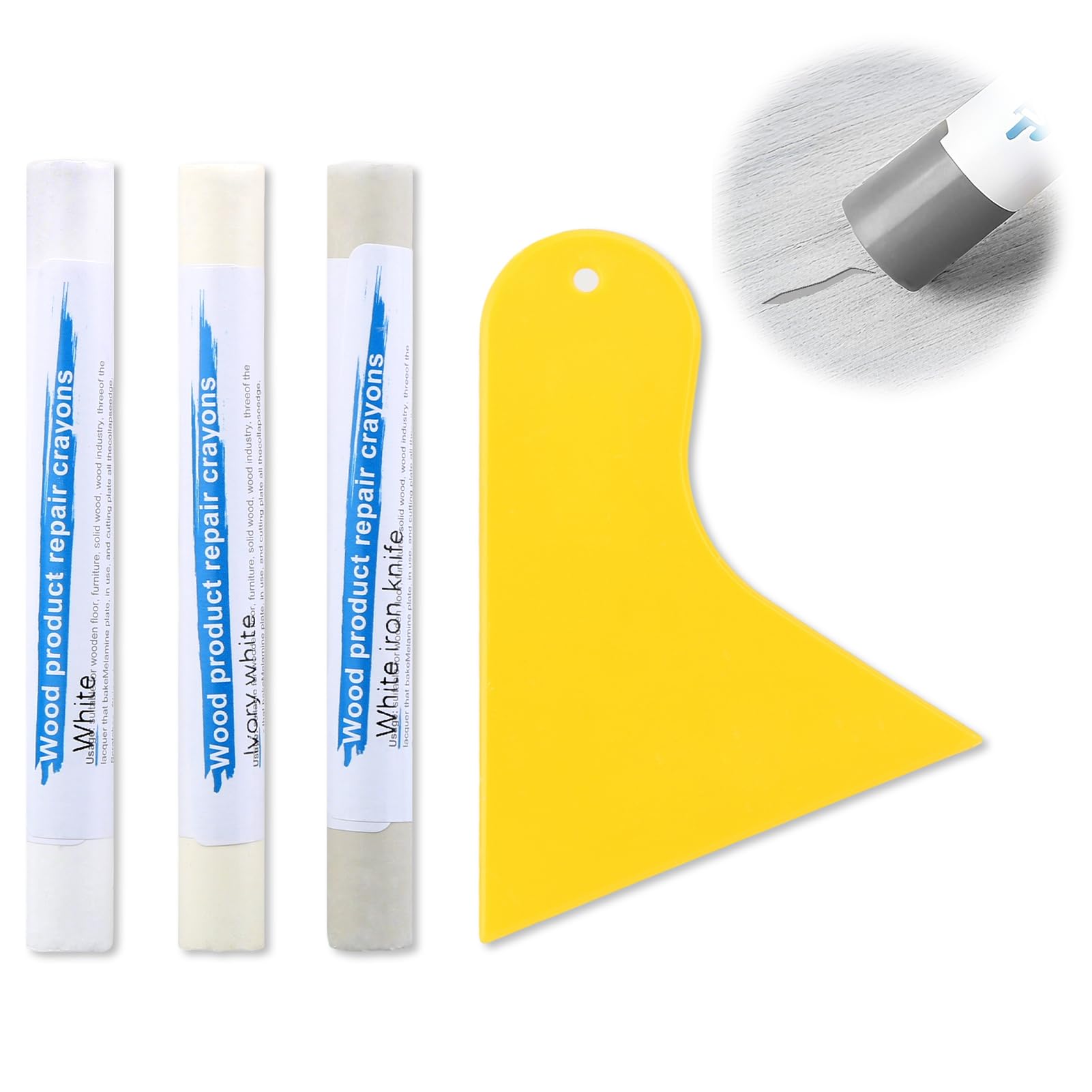 Aphohome 3 - Pack White Wood Repair Crayons, Wax Filler Kit with Scraper for Furniture Scratches, Floors & Cabinets (100×11mm) (pure white, ivory