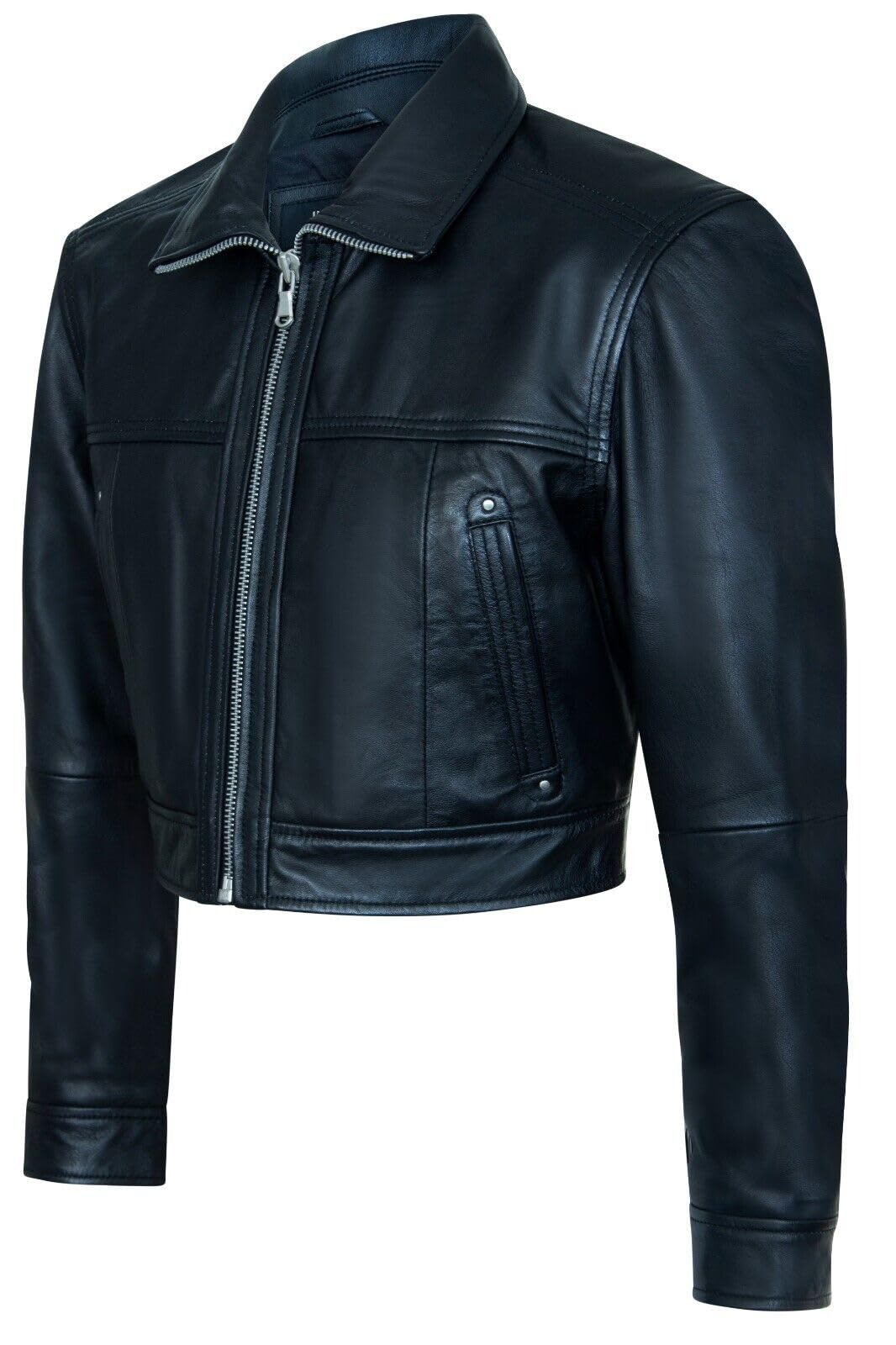 Chaqueta de Cuero Estilo Motero Clásica Recortada Negra Para Mujer