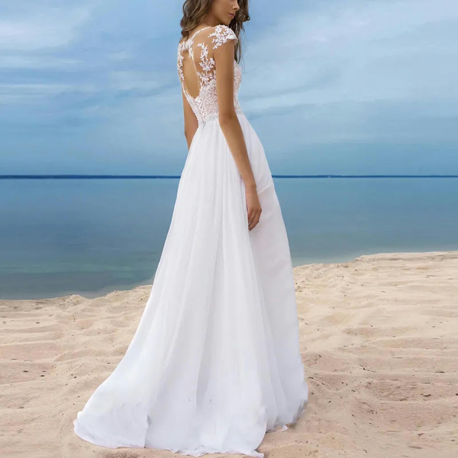 TEidea Vestito Donna Elegante Abito in Pizzo Senza Schienale Abito da Festa: Abito da Sposa Bianco con Maniche Corte E Back-Up