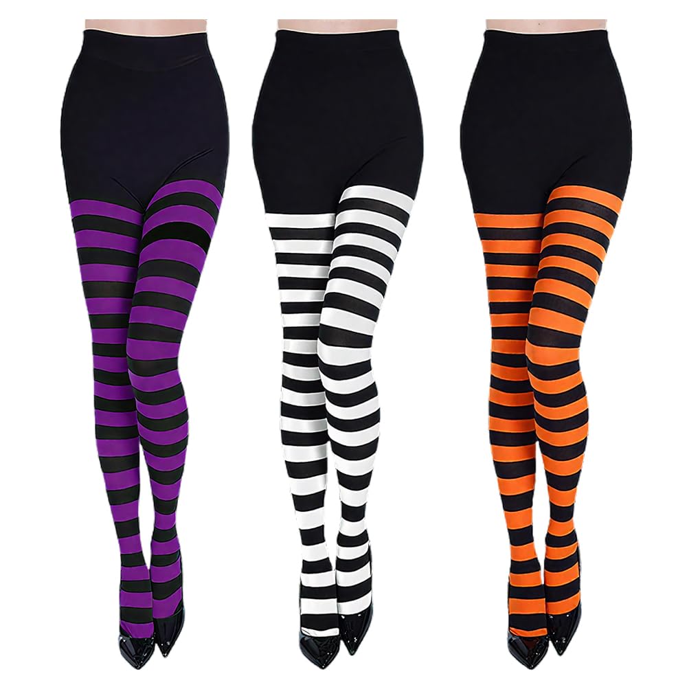 3 Pairs Halloween Striped Tights Stocking for Women, Damen Opaque Hold-Ups, Full Footed Orange Purple White High Stockings for Party Costume Dress Up School Dance Everyday Wear