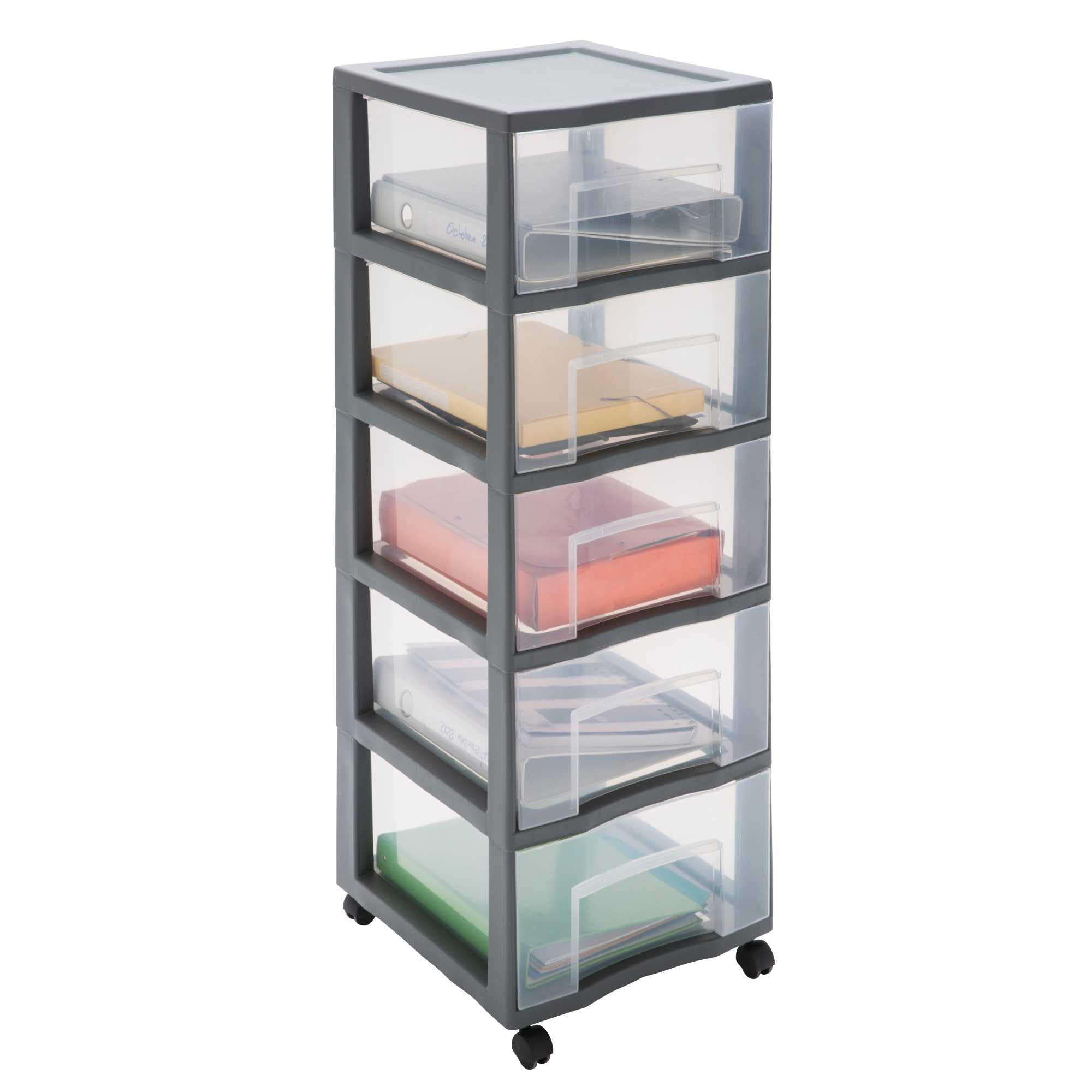 SUNDIS Tag Tower XL, tour de rangement plastique, 5 grands tiroirs, roues, Gris | Hauteur 102,5 cm, idéale rangement bureau, cours, documents, fournitures, accessoires