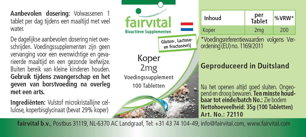 fairvital Compresse di rame 2 mg, ALTO DOSAGGIO, integratore alimentare a base di bisglicinato di rame, vegano, 100 compresse, facili da deglutire