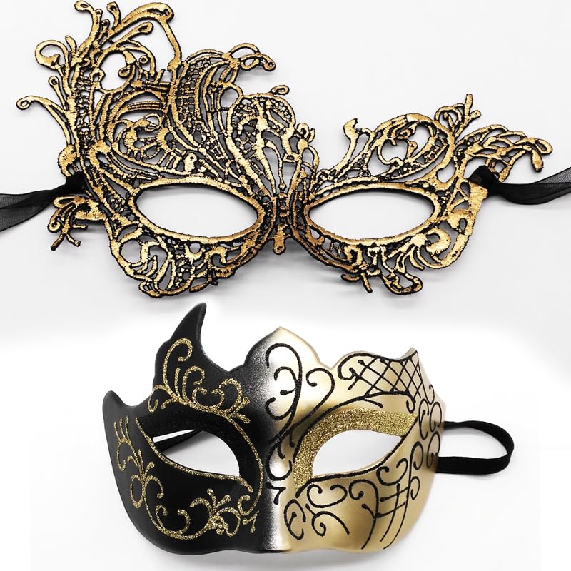 MZinge Masquerade Mask for Couple Men Venetian Mask for Halloween Lace Masque Costume Eyemask Party Prom Ball Mardi Gras (GOLD