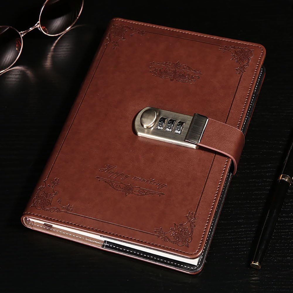 ABBER Journal with Lock, PU Leather Combination Lock Journal Medium Size for Men/women Daily Use Gift Password Diary with Combination Lock Stationery Student Handbook Notepad
