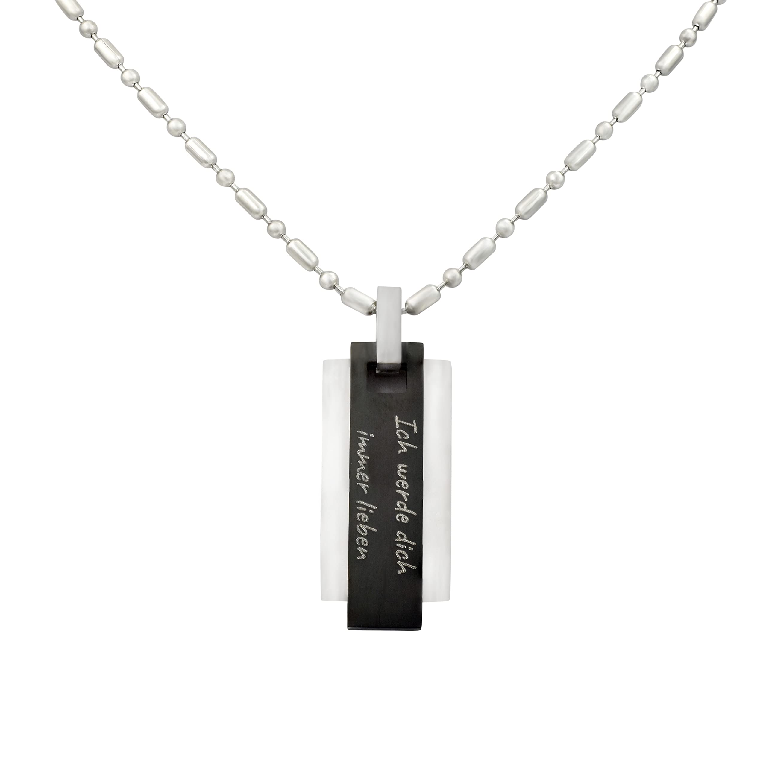 Personalisierte Kette mit Gravur Edelstahl 60 cm mit Anhänger Rechteck in silber und schwarz - Personalisierte Halskette für Männer - Personalisierter Schmuck Herren