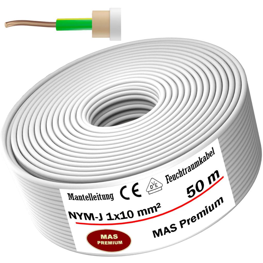 MAS Premium 5-100m Feuchtraumkabel Stromkabel Mantelleitung NYM-J 1x1,5, 2,5, 4, 6, 10, 16 oder 25 Elektrokabel OFC Ring für feste Verlegung (NYM-J 1x10 mm², 50m)