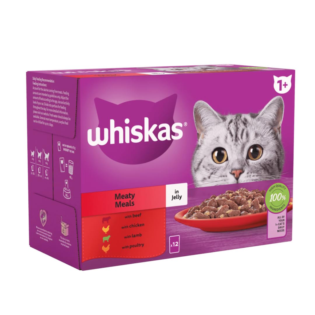 whiskas 1+ Meaty Meals Adult Wet Cat Food Pouches in Jelly 12 x 85g