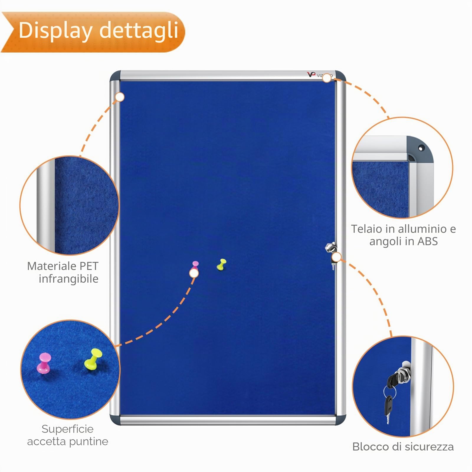 VIZ-PRO Bacheca in Feltro Blu con Serratura, 90 x 60 cm | con 2 Chiavi, Montaggio a Parete, ideale per Puntine e Spilli, per Uffici, Scuole, Negozi e Sale Riunioni