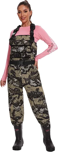 BASSDASH Women Neoprene Chest Waders Desolve Bare Camo for Fishing Hunting with 600 Grams Insulated Rubber Boot Foot