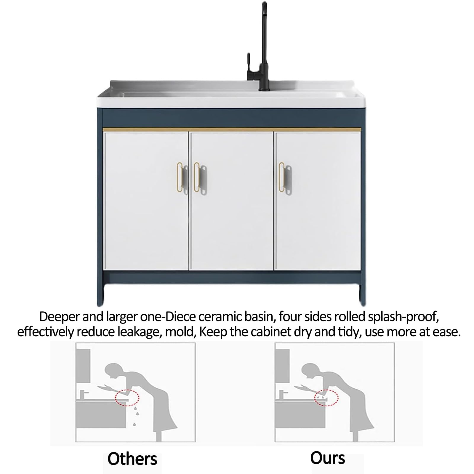 Freistehende Utility-Sink mit Schrank, Keramik-Waschbecken und Wasserhahn für Waschküche, Garten im Freien, Garage Handwaschstation, Raum Aluminium-Eterzboden mit Lagerung