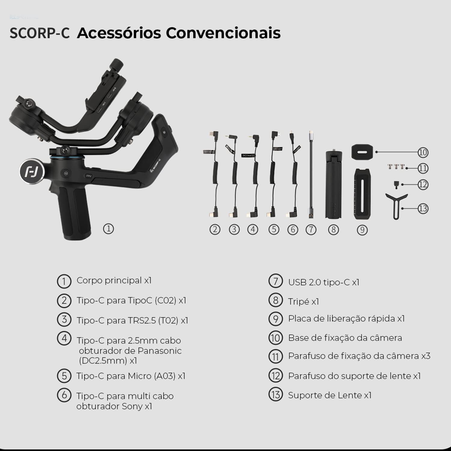 Estabilizador de câmera SCORP-C, cardan de mão com 3 eixos para câmeras  DSLR de até 2,5 kg, adequado para S-ony, P-anasonic L-umix, N-ikon, C-anon,  design leve, filmagem cinematográfica, preto | Amazon.com.br