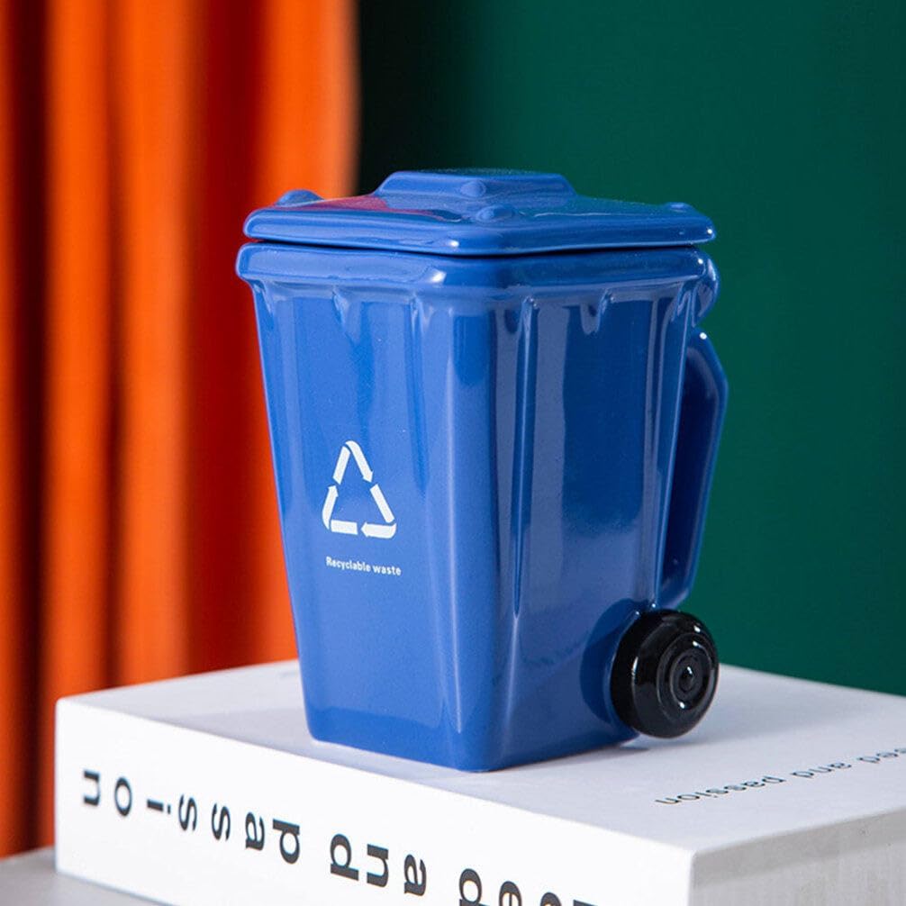 Luxshiny Ceramic Trash Can Coffee Cup, 400ml, Blue, Handled Bowl, Funny, Reusable