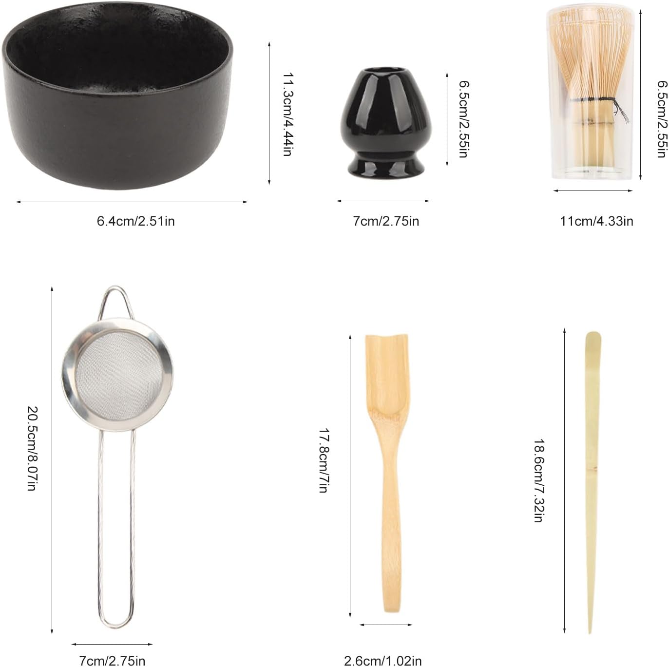 6 Pcs Matcha Tea Set, Japanese Matcha with Whisk and Holder, Bowl, Sifter, and Scoop, Tea Making Tools, Delicate Handmade Matcha Ceremony Kit for Japanese Tea Ceremony (Black)