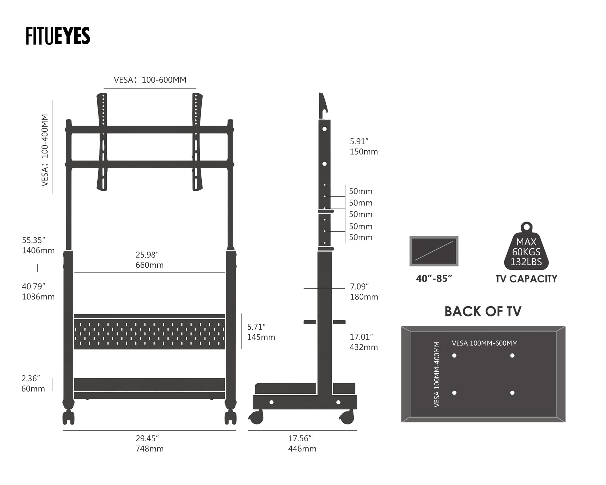 FITUEYES TV Ständer Rollbar Fernsehständer mit Rollen Bodenständer TV Rollwagen für 40-85 Zoll Fernseher höhenverstellbar hoch Max 60KG VESA 600x400 mm
