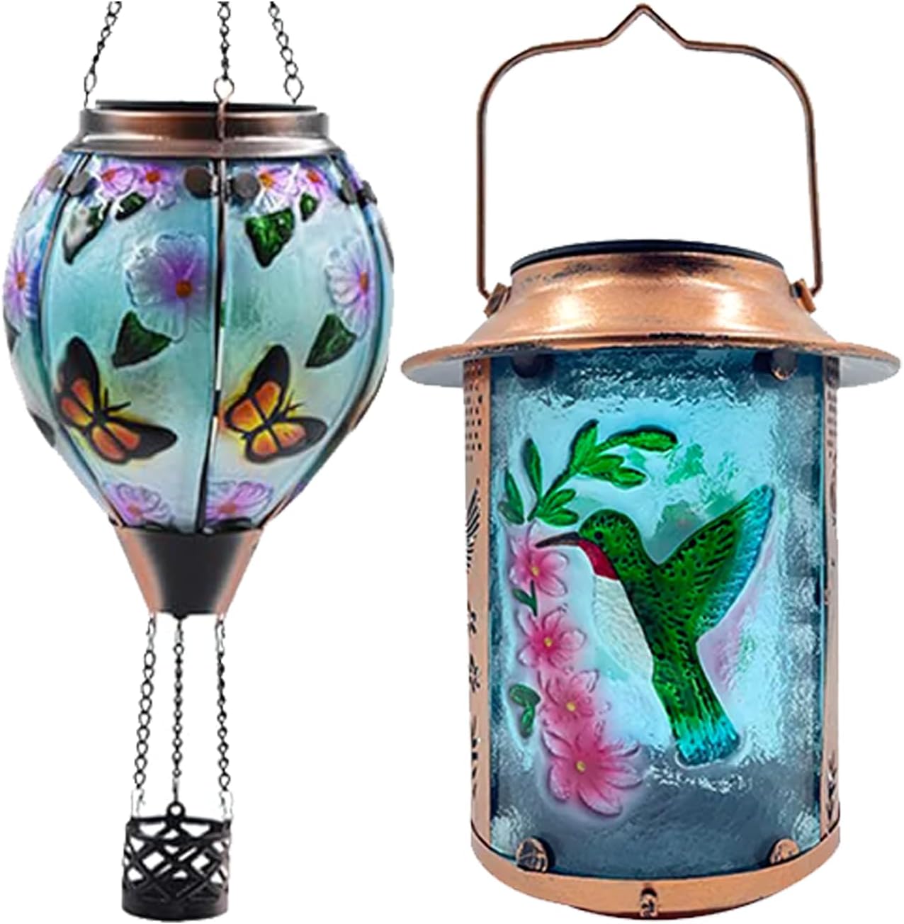18" H Butterfly Glass Solar Hot Air Balloon Lantern + 10" H Hummingbird Solar Lanterns Hanging Garden Light Outdoor Waterproof for Yard Patio Tree Christmas Gifts