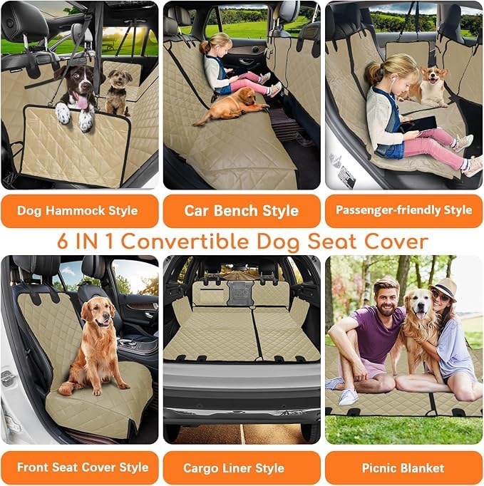 Image of 6-in-1 Dog Car Seat Cover for Back Seat, Waterproof Dog Car Hammock with Mesh Window, Non-Slip Pet Backseat Protector for Cars, Trucks and SUVs(Beige, 6 in 1 Dog CAR SEAT Cover)