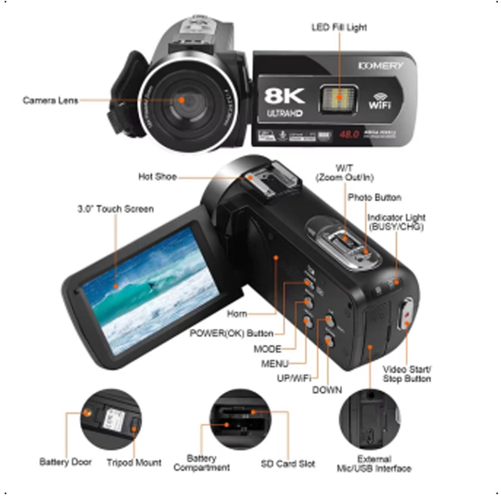 Denash Cámara de Vídeo 8K, Videocámara HD de 64 MP con Pantalla Táctil de 3,0", Zoom Digital de 18x y Estabilización de 6 Ejes, Cámara Vlogging con Micrófono para Fotografía