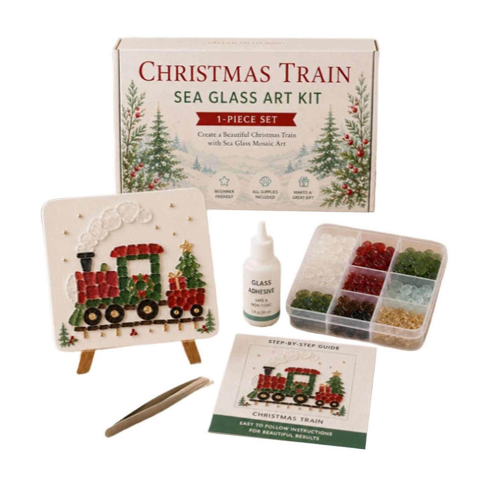 DIY Sea Glass Mosaic Art Kit, Christmas Sea Glass Art Kit with Colorful Glasses Pieces, Santa Tree Reindeer Snowman (Christmas Train)