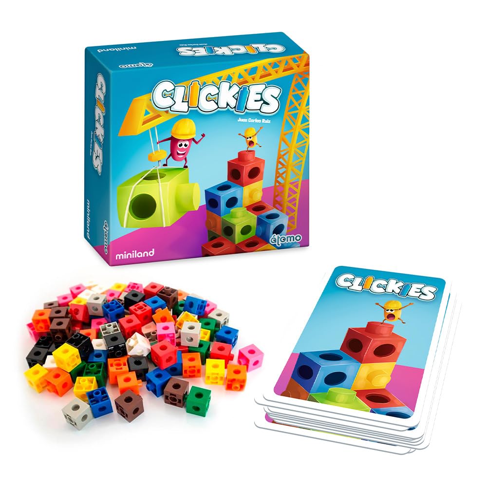 Miniland Juego de Mesa Educativo para Niños +​6 Años, Desafíos con Cartas y Policubos, Creatividad, Velocidad y Diversión en Familia | Clickies