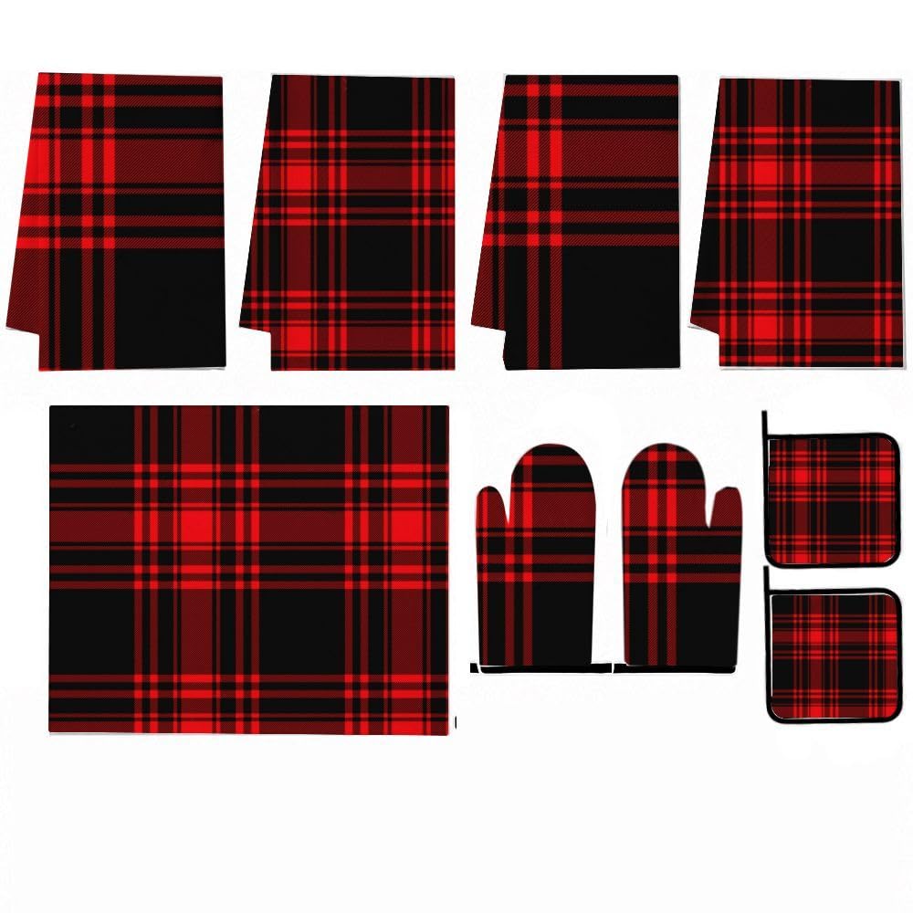 9PCS Red Plaid Fabric1 Cucina Decor e Accessori Set