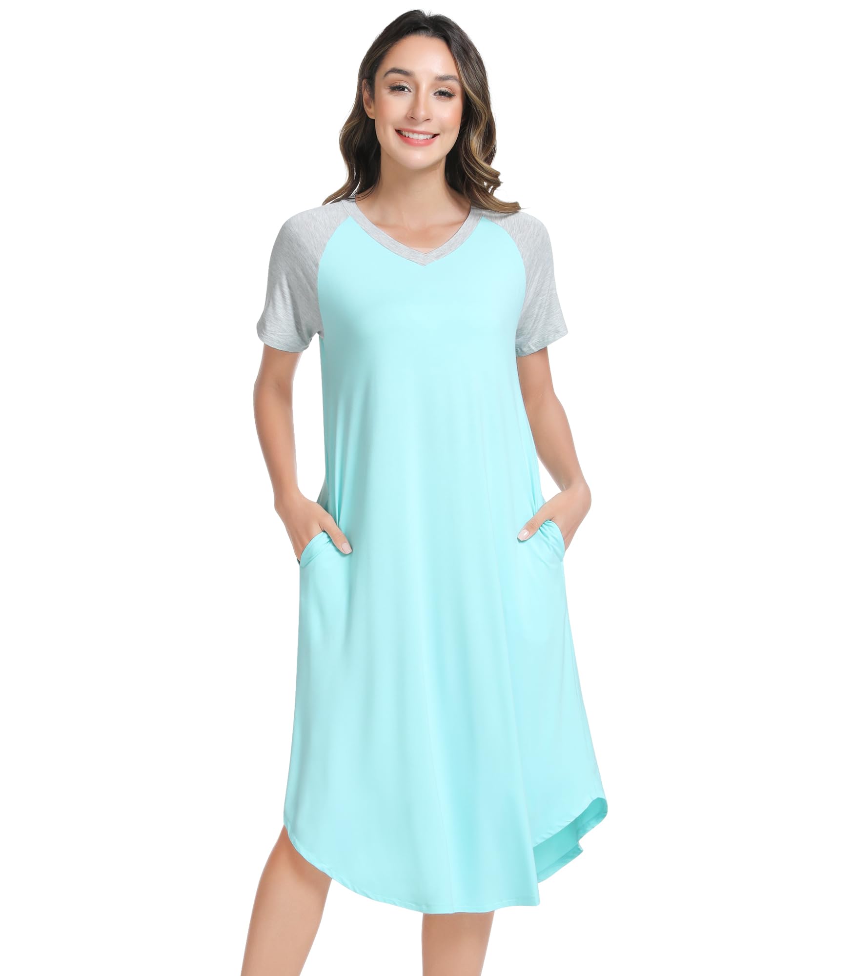 NACHILA Women's Bamboo Viscose Nightgowns Short Sleeve V Neck Sleepshirt | Contrast Color Sleeves, Stylish V-Neck, Knee Length Sleepwear, Relaxed Fit, For Hot Sleepers