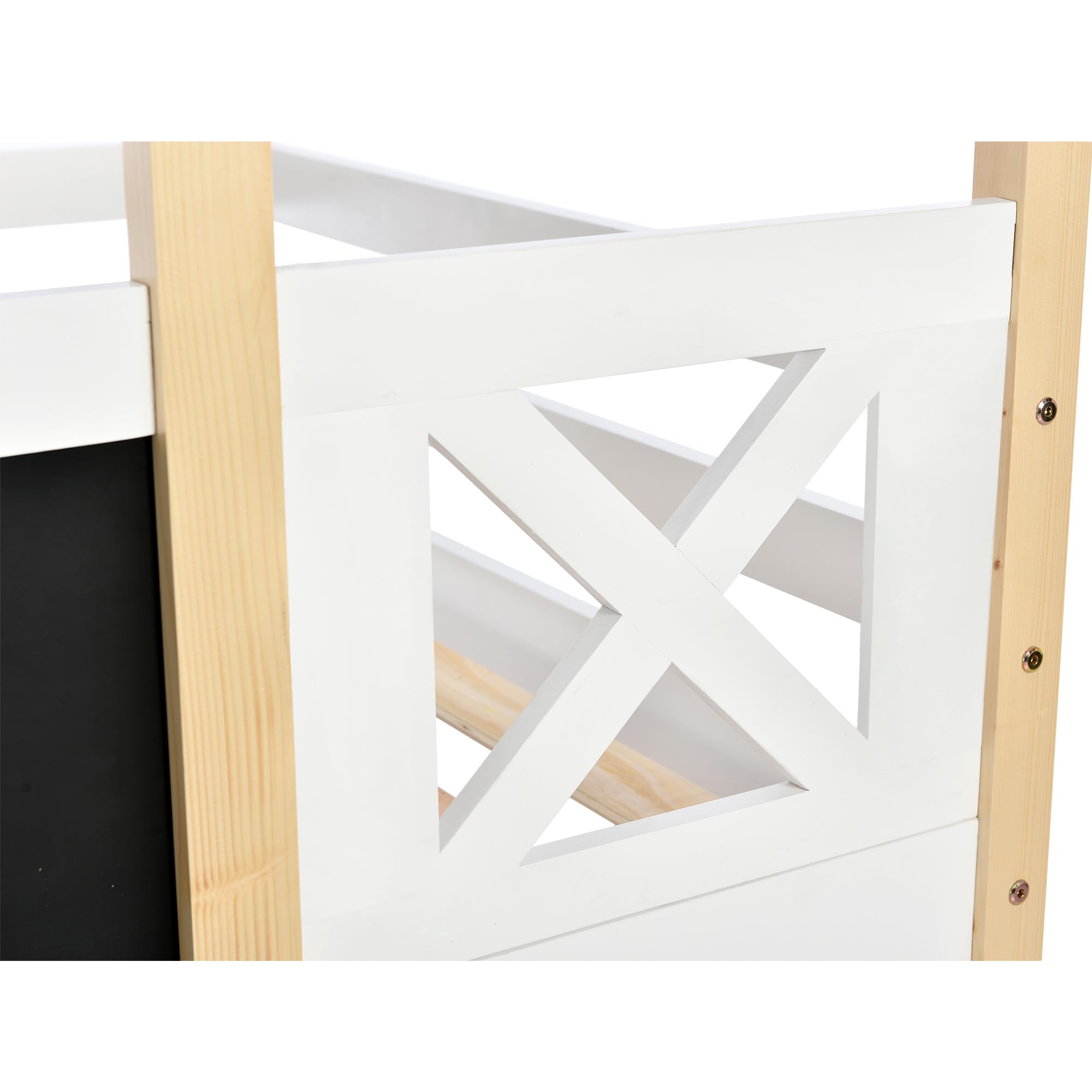 HESHU Kinderbett Etagenbett 90x200 cm, Hausbett mit Rutsche und Tafel, Hochbett für 2 Kinder, Funktionsbett Stockbett mit Lattenrost, Weiß+Natur, ohne Matratze
