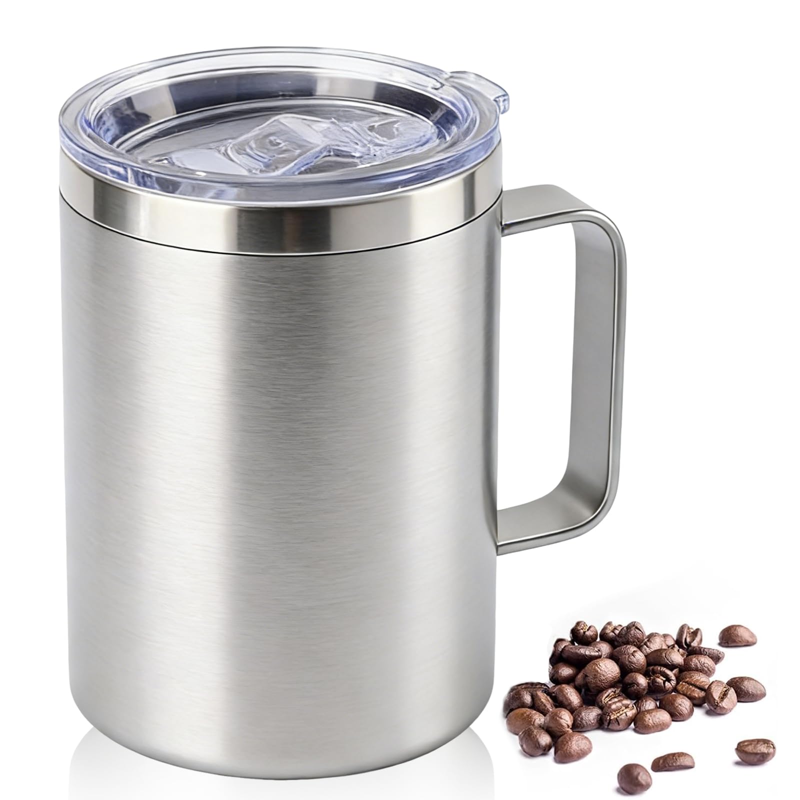 YueXing 16oz Black Insulated Coffee Mug with Handle, Leakproof Double Wall Stainless Steel Travel Mug with Sliding & Straw Lid, Dishwasher Safe for Camping Commuting Hot Cold Drinks (Silvery)