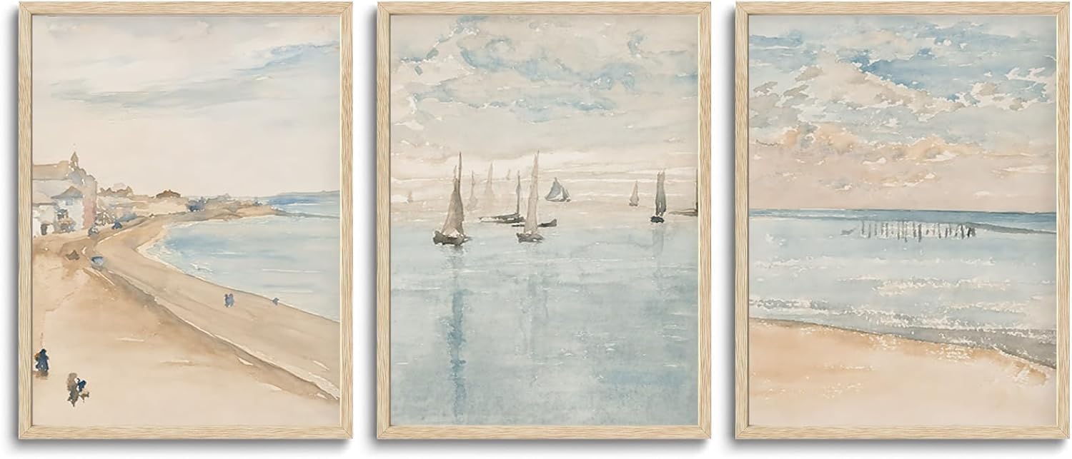 Lianyibo Frameless Coastal Canvas Wall Art Natural Beach Print Nature Coast Landscape Artwork Sailboat Scenery Decor For Living Room(70X90cmx3/Frameless)