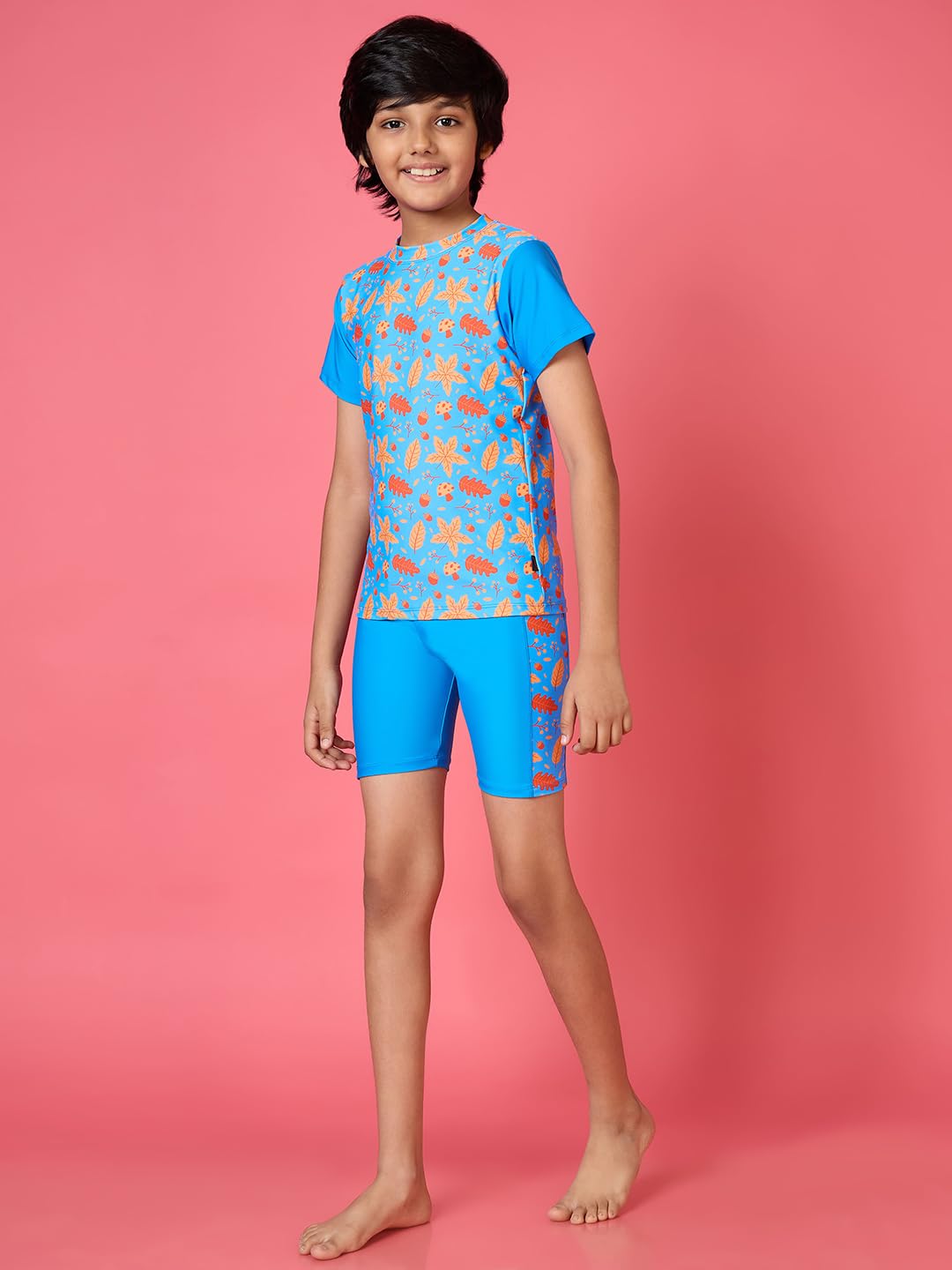 LYCOT Boys 2-Piece Swimwear & Cycling Set | Autumn Leaf Print T-Shirt & Shorts | Stretch Nylon Spandex Beachwear Swimming Costume - Royal Blue 3