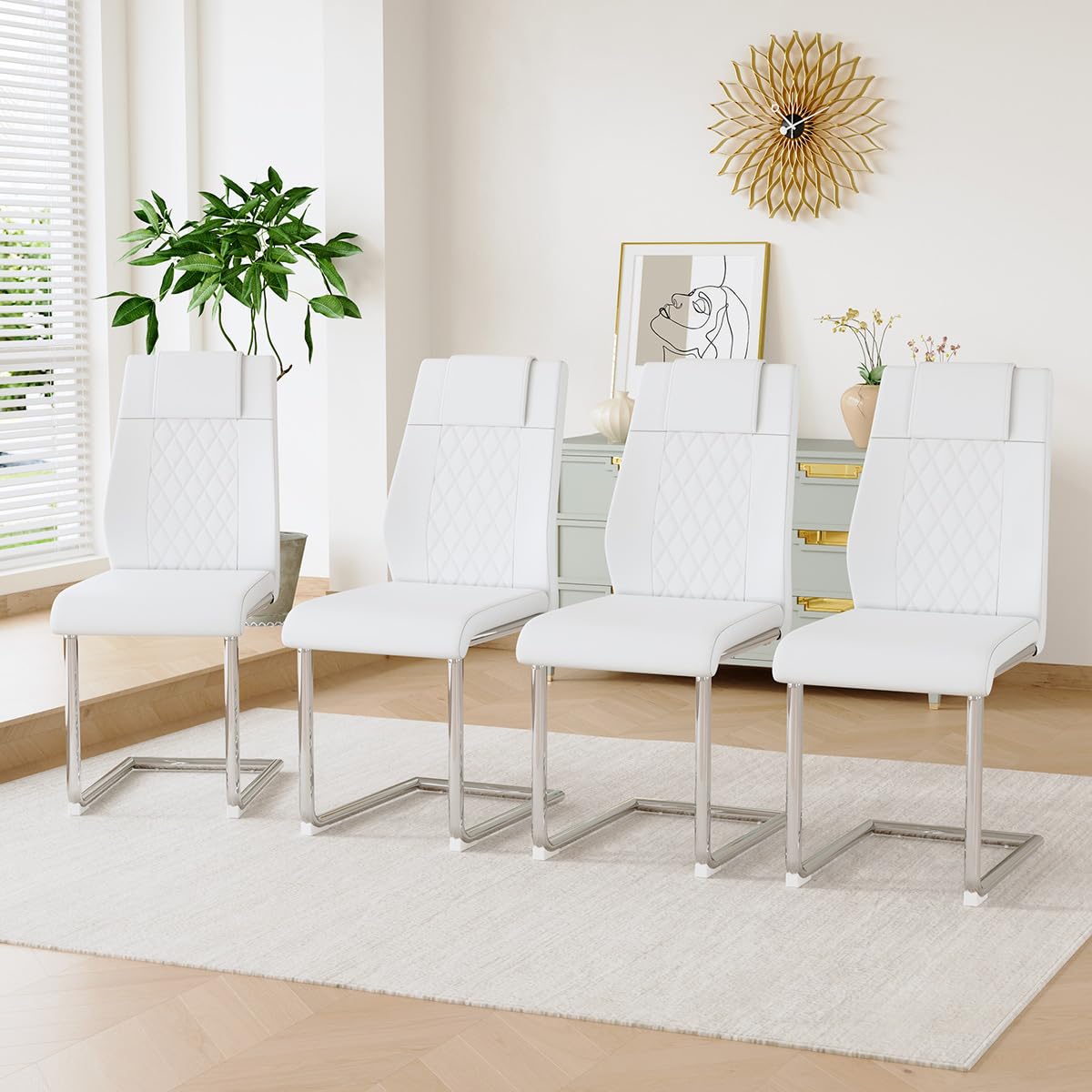 gopop Dining Chairs Set of 4, White Faux Leather with Plated Chrome Metal Frame, Modern Kitchen Chairs with Padded Seat High Back for Dining, Kitchen,
